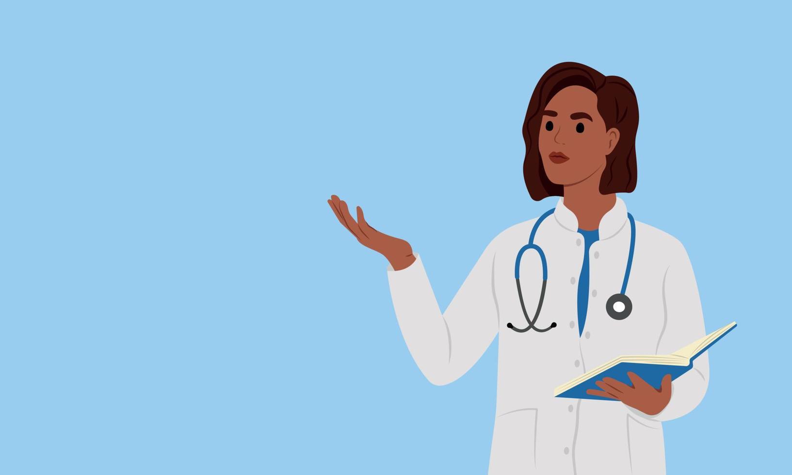 een zwart vrouw dokter in een wit jas is richten Bij iets. banier voor ziekenhuis en kliniek. vector