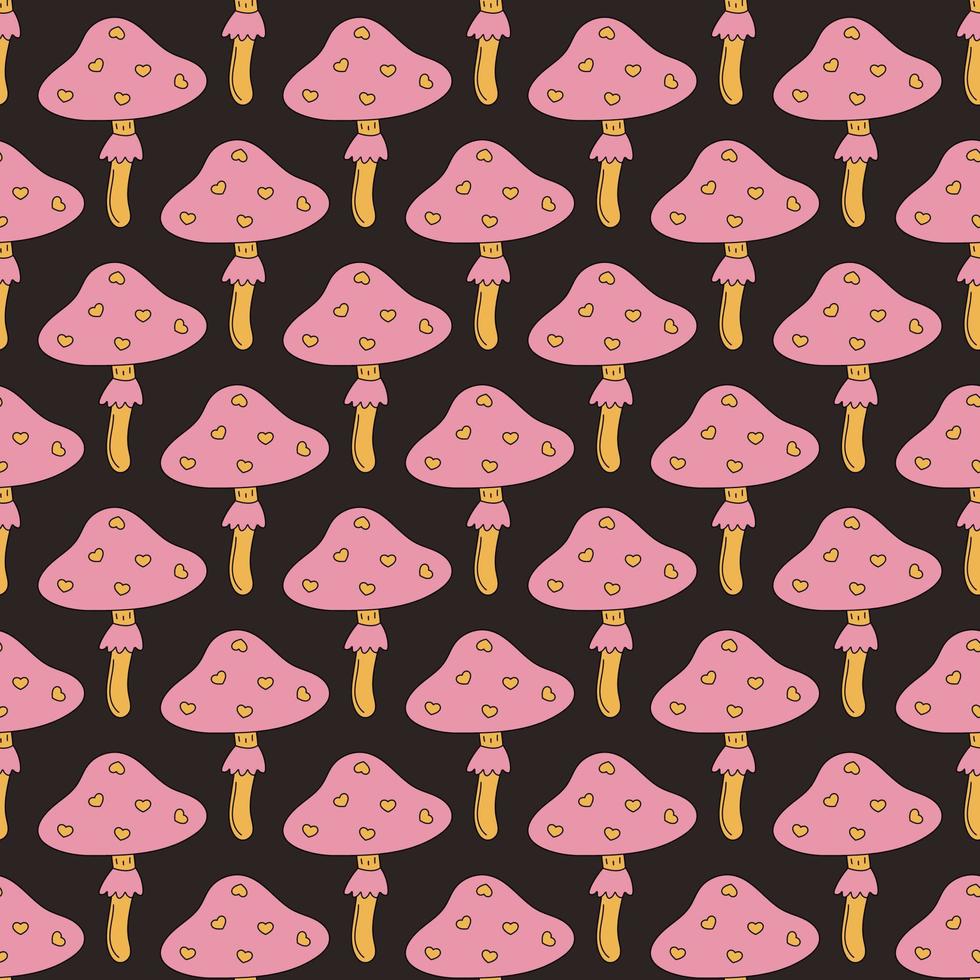 schattig roze champignons. naadloos patroon. schimmel met harten. retro tekenfilm stijl. hippie ontwerp. donker achtergrond. vector
