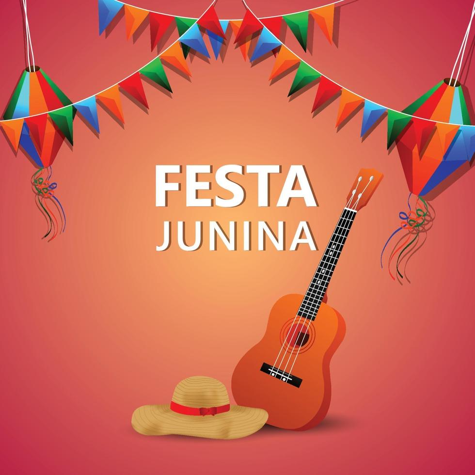 festa junina vectorillustratie van gitaar en kleurrijke vlag en papieren lantaarn vector