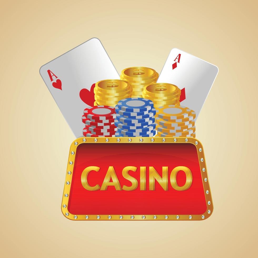 casino grote win luxe uitnodigingsbanner met creatieve pokerslot, gouden munt, casinofiches en gokkast. vector