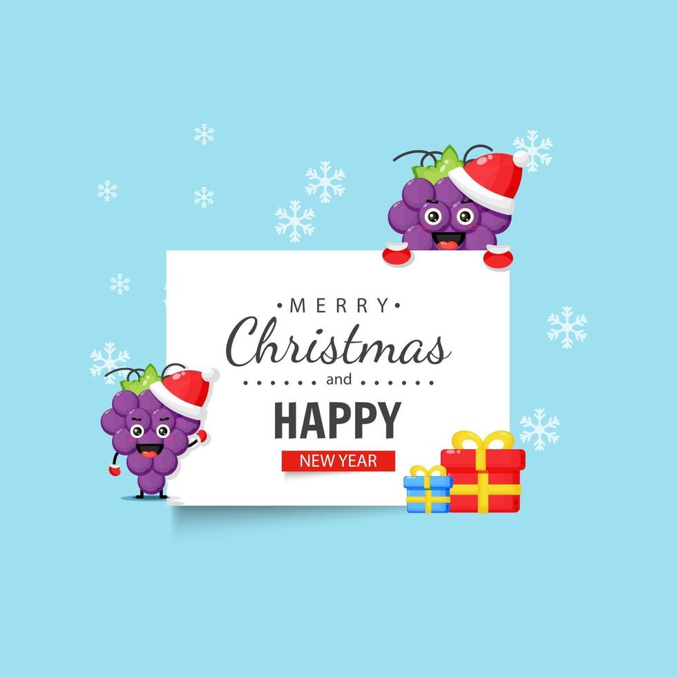 schattige druivenmascotte met gelukkige kerst- en nieuwjaarswensen vector
