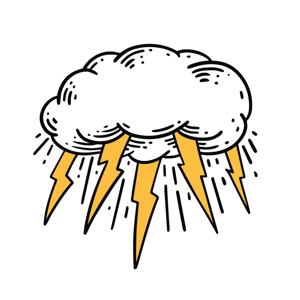 regenachtig wolk met bliksem. hand- getrokken kleurrijk gravure stijl vector illustratie.