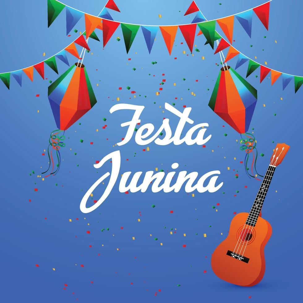 festa junina illustratie met kleurrijke vlag en papieren lantaarn en gitaar vector