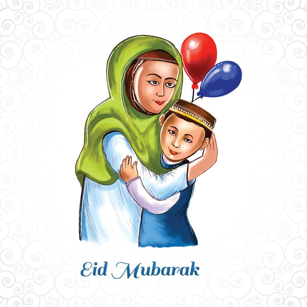 moslim Dames en kinderen mensen knuffelen en wensen eid mubarak viering achtergrond vector