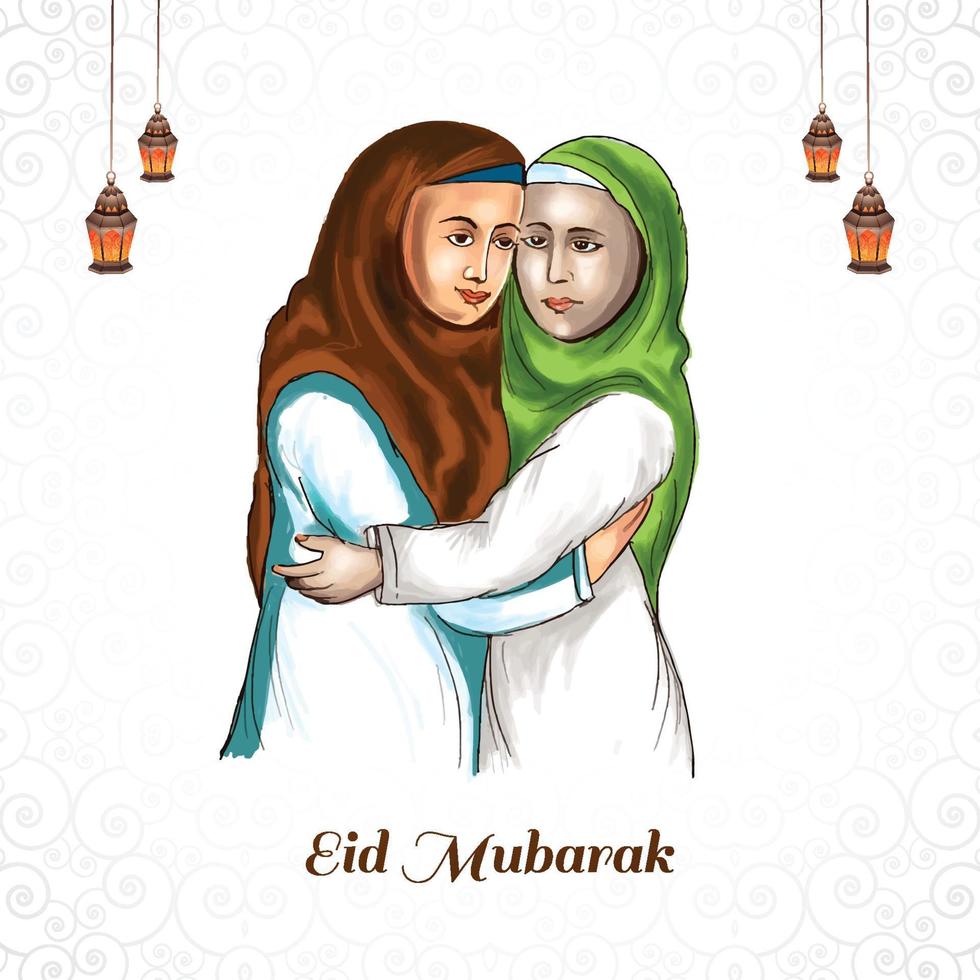 moslim vrouwen mensen knuffelen en wensen eid mubarak viering achtergrond vector