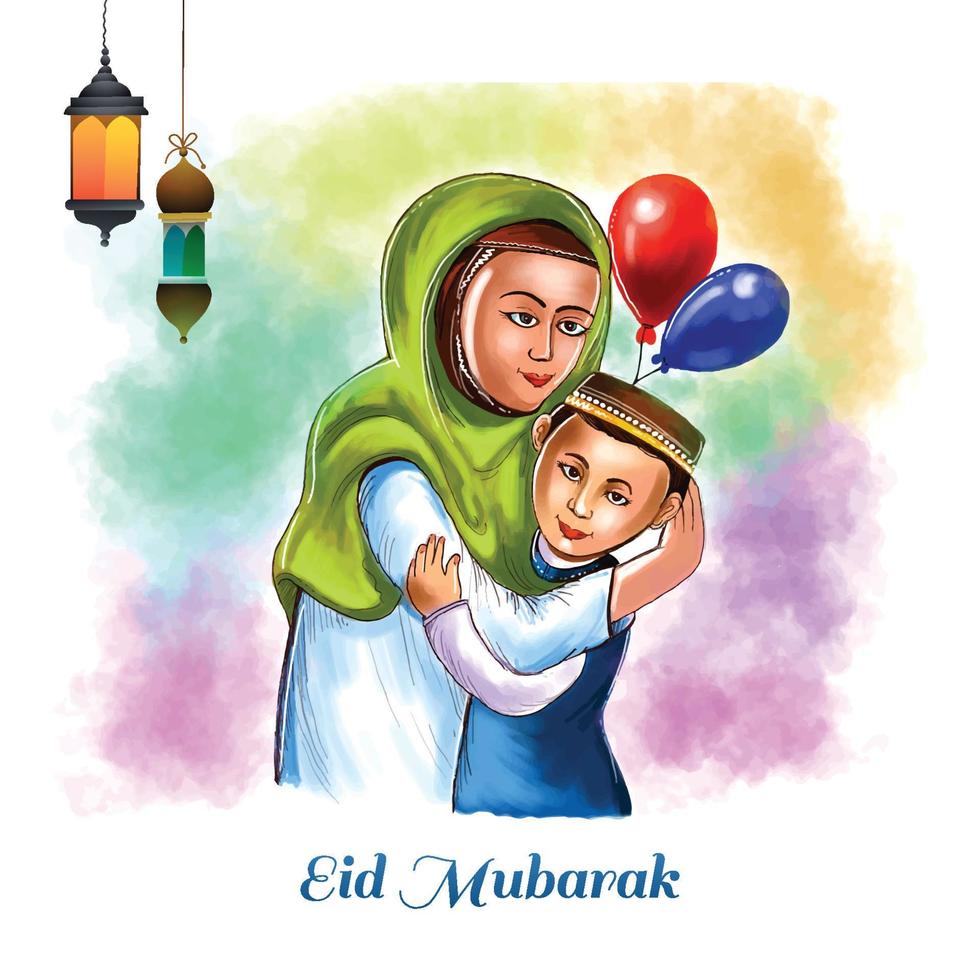 moslim Dames en kinderen mensen knuffelen en wensen eid mubarak viering achtergrond vector