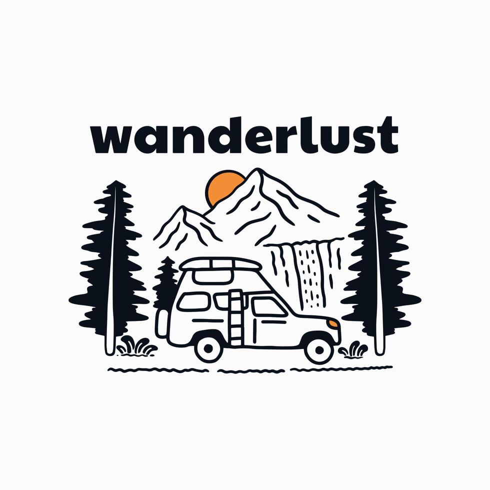 reislust camper busje natuur camping ontwerp voor t shirt, sticker, achtergrond en andere vector