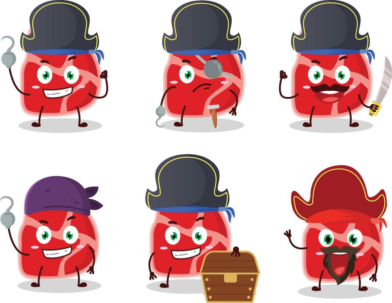 tekenfilm karakter van vlees met divers piraten emoticons vector