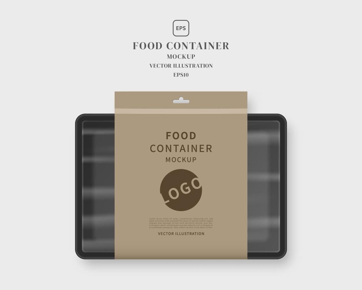 voedselcontainer mockup met label. voedseldienblad met blanco papier. mockup vector geïsoleerd. sjabloon ontwerp. realistische vectorillustratie.