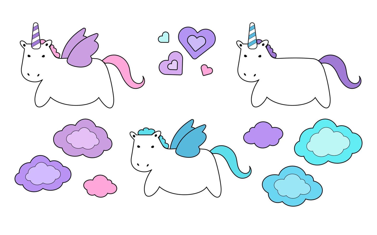 schattig eenhoorn en Pegasus set, wolken en harten, tekening vector illustratie