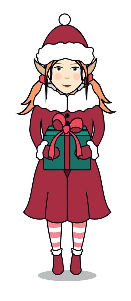 Kerstmis elf in een rood pak met een groen geschenk doos. nieuw jaar karakter met een geschenk. vector illustratie