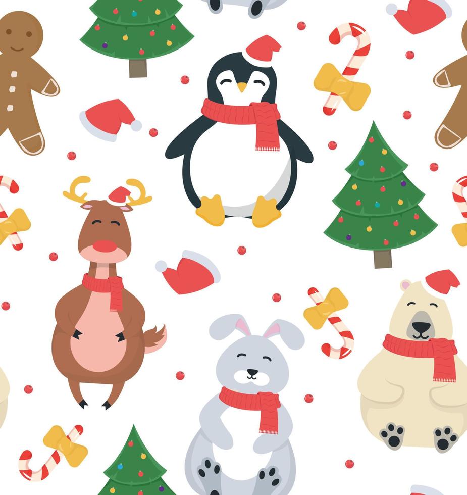 naadloos patroon. Kerstmis illustratie met Spar boom, hert, pinguïn, konijn, polair beer, karamel en peperkoek Mens. illustratie met nieuw jaar karakters. vector illustratie.