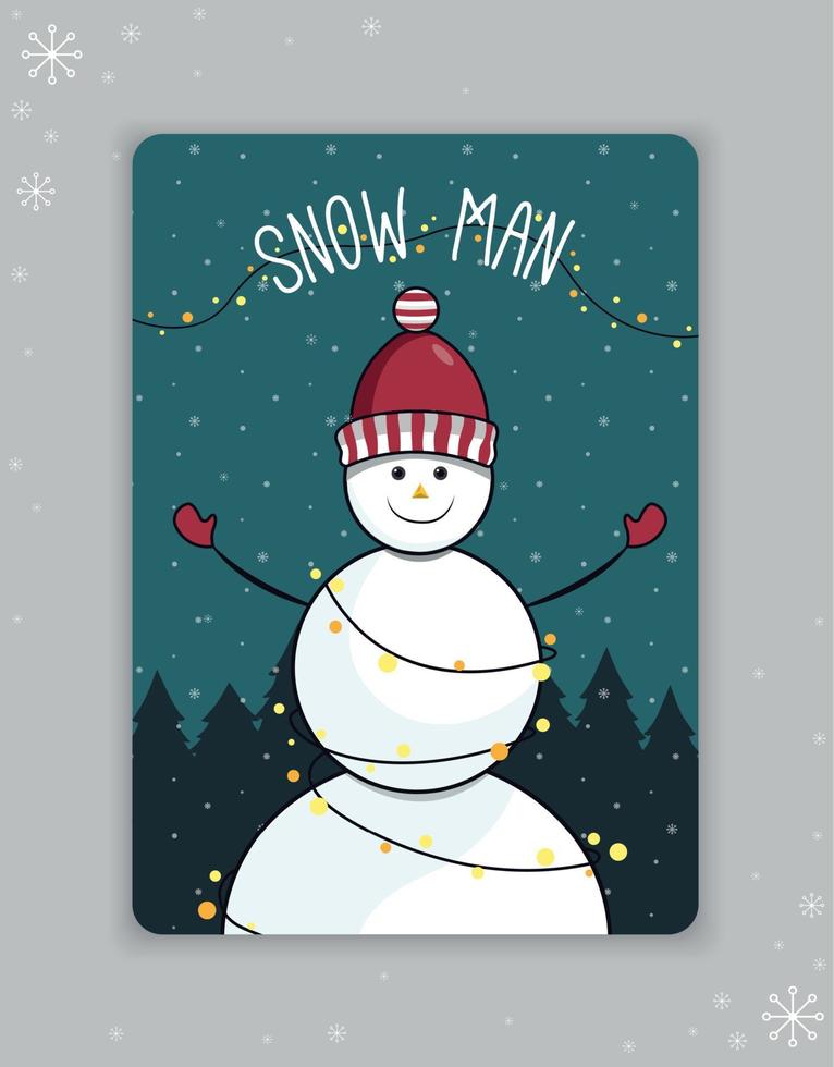 Kerstmis kaart met de beeld van een sneeuwman met een guirlande, in een hoed en wanten Aan een blauw achtergrond. vector illustratie.