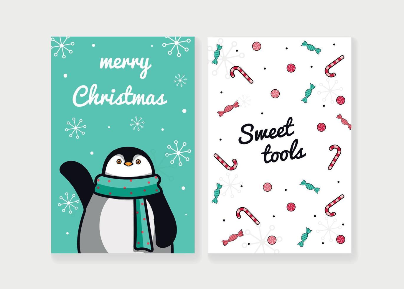 beeld met Kerstmis kaarten. blauw ansichtkaart met een pinguïn. ansichtkaart met karamels. vector illustratie.