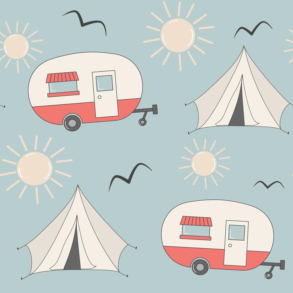 schattig tekenfilm abstract rood en wit naadloos vector patroon achtergrond illustratie met camping elementen, zon en vogel silhouetten