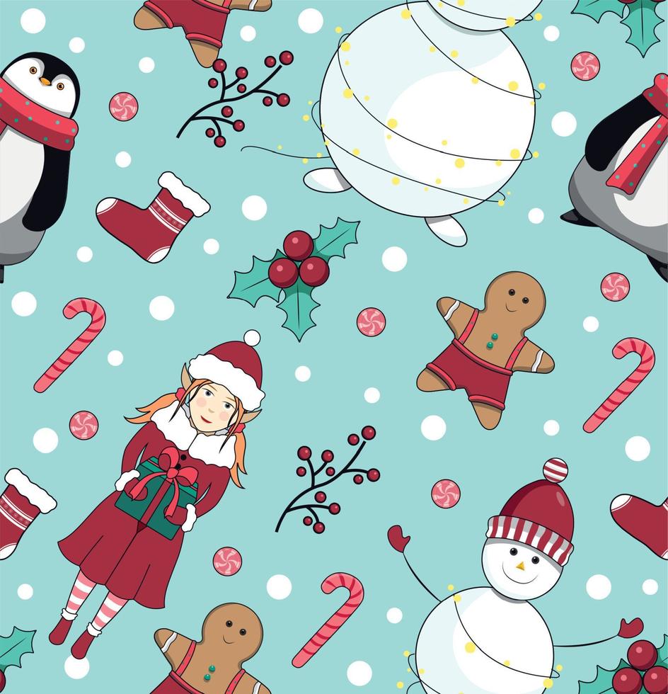 naadloos patroon met sneeuwman, pinguïn, elf, Mens koekjes, lolly en sok voor geschenken. nieuw jaar en kerstmis. vector