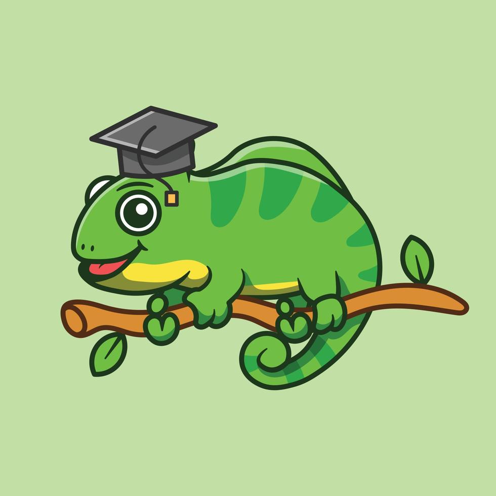 schattig kameleon karakter met diploma uitreiking hoed Aan Afdeling tekenfilm vector illustratie