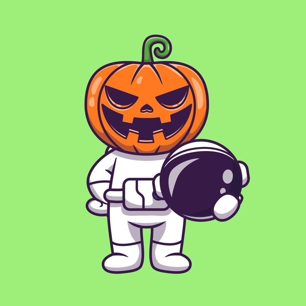 schattig astronaut pompoen halloween Holding helm tekenfilm vector icoon illustratie. wetenschap vakantie icoon concept geïsoleerd premie vector. vlak tekenfilm stijl