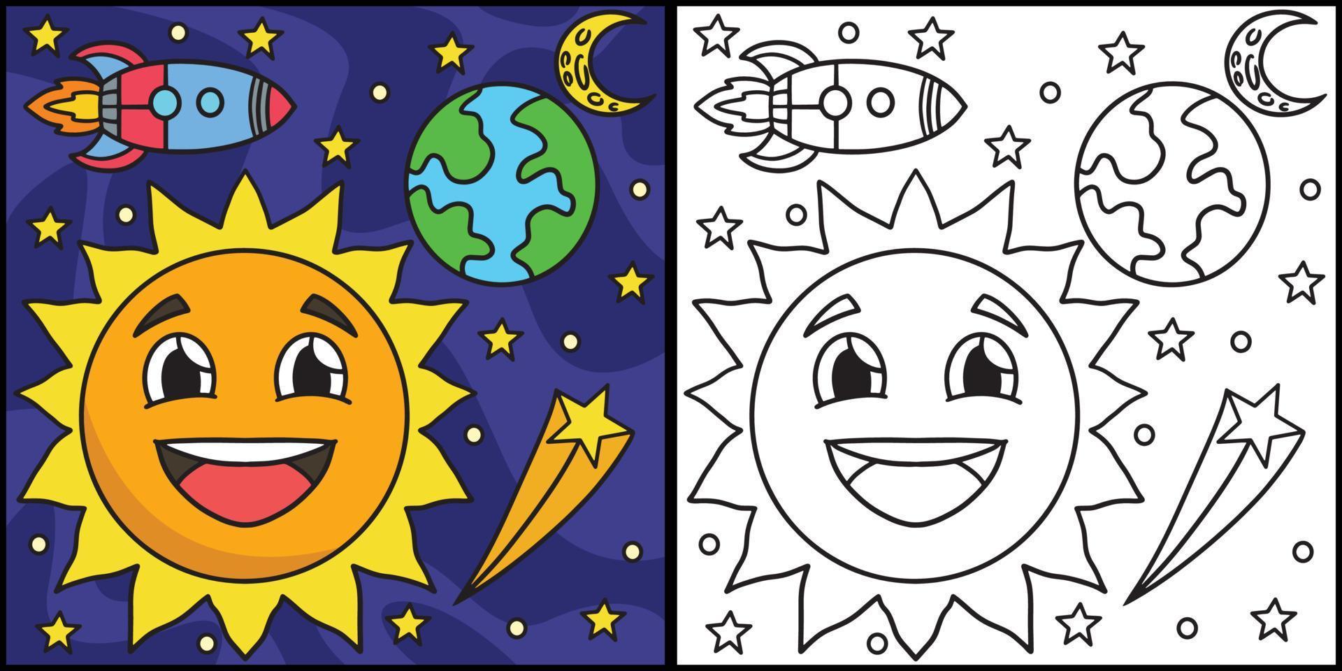 gelukkig zon in ruimte kleur bladzijde illustratie vector