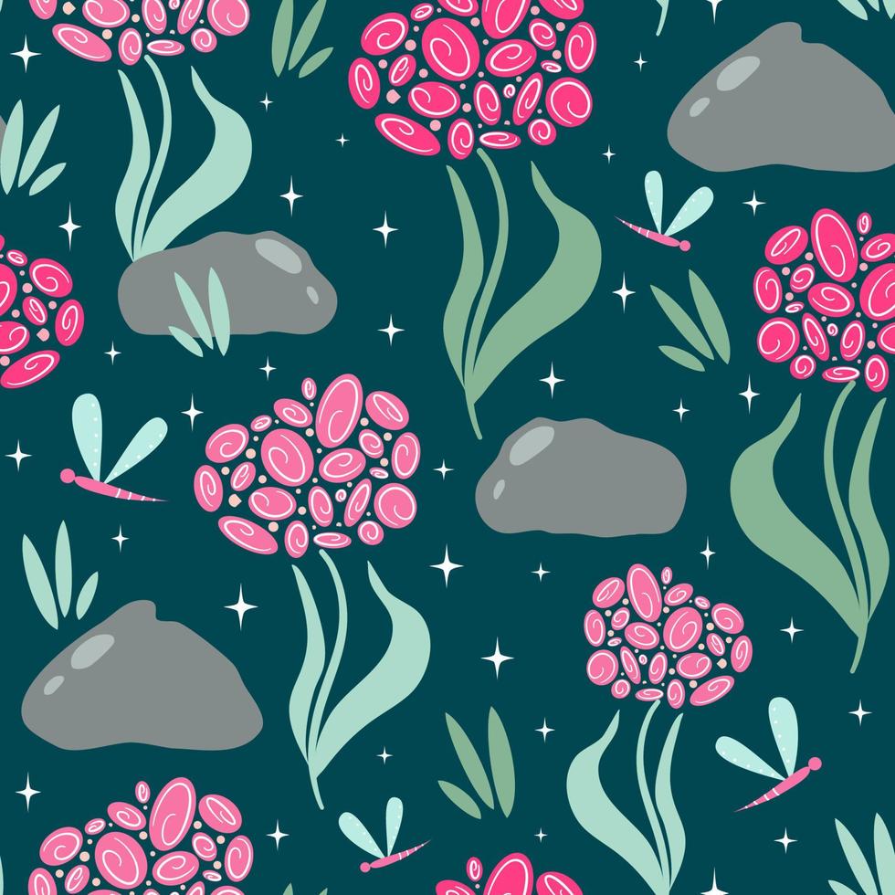 schattig naadloos vector patroon achtergrond illustratie met abstract roze bloemen en libellen