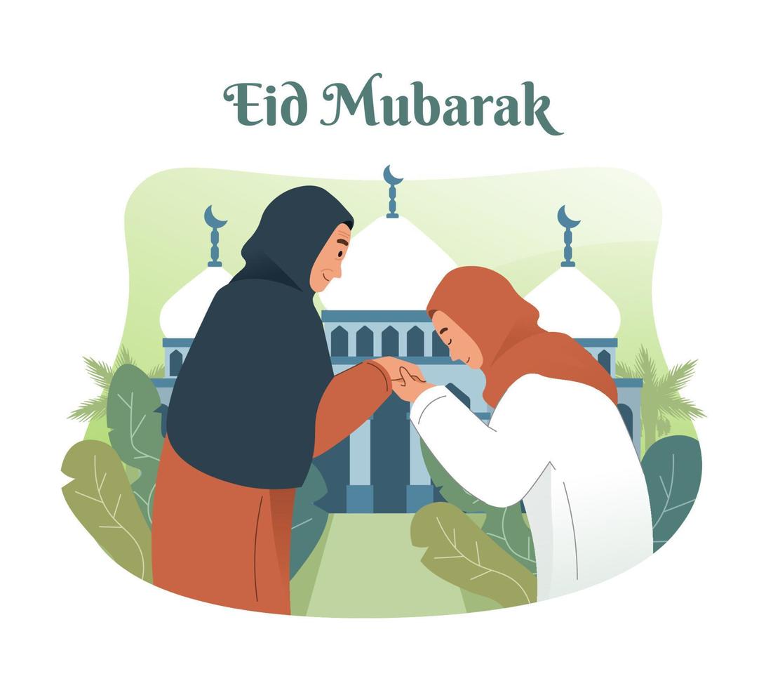 moslim vrouw zoenen haar moeder hand. traditie van eid mubarak voor moslims vector