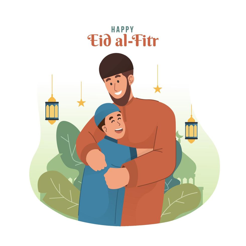 gelukkig moslim jongen omhelzing zijn vader. eid mubarak vlak tekenfilm karakter illustratie vector