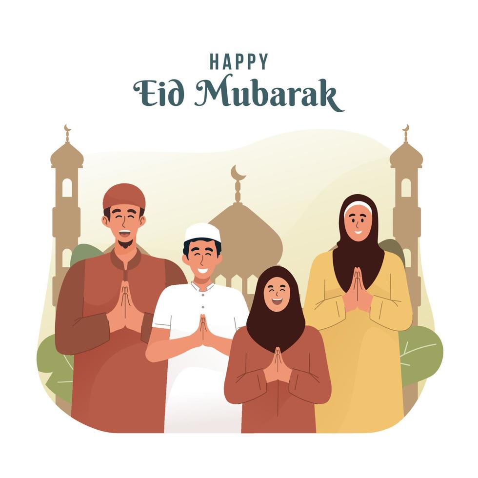 gelukkig moslim familie groet en vieren eid mubarak vector