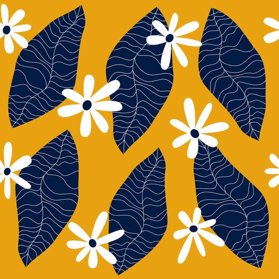 schattig kleurrijk hedendaags naadloos vector patroon achtergrond illustratie met abstract blauw bladeren en wit madeliefje bloemen