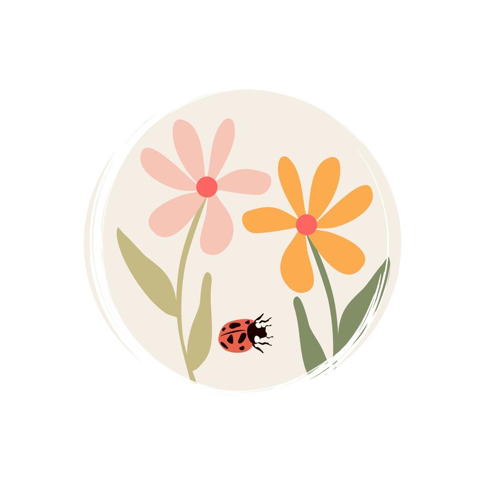 schattig logo of icoon vector met kleurrijk madeliefje bloemen en lieveheersbeestje insect, illustratie Aan cirkel voor sociaal media verhaal en highlights