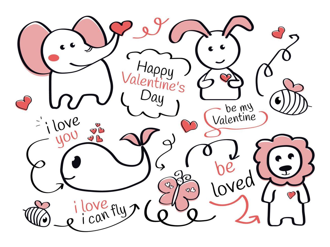 Valentijnsdag dag. schattig achtergrond met olifant, haas, bij, walvis, tekst, vlinder, hart vector