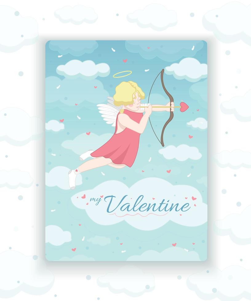 Valentijnsdag dag kaart. Cupido schiet een boog en pijl. een engel in een rood jurk en wit sokken houdt een boog en pijl. vector illustratie. de 14e van februari. liefde.
