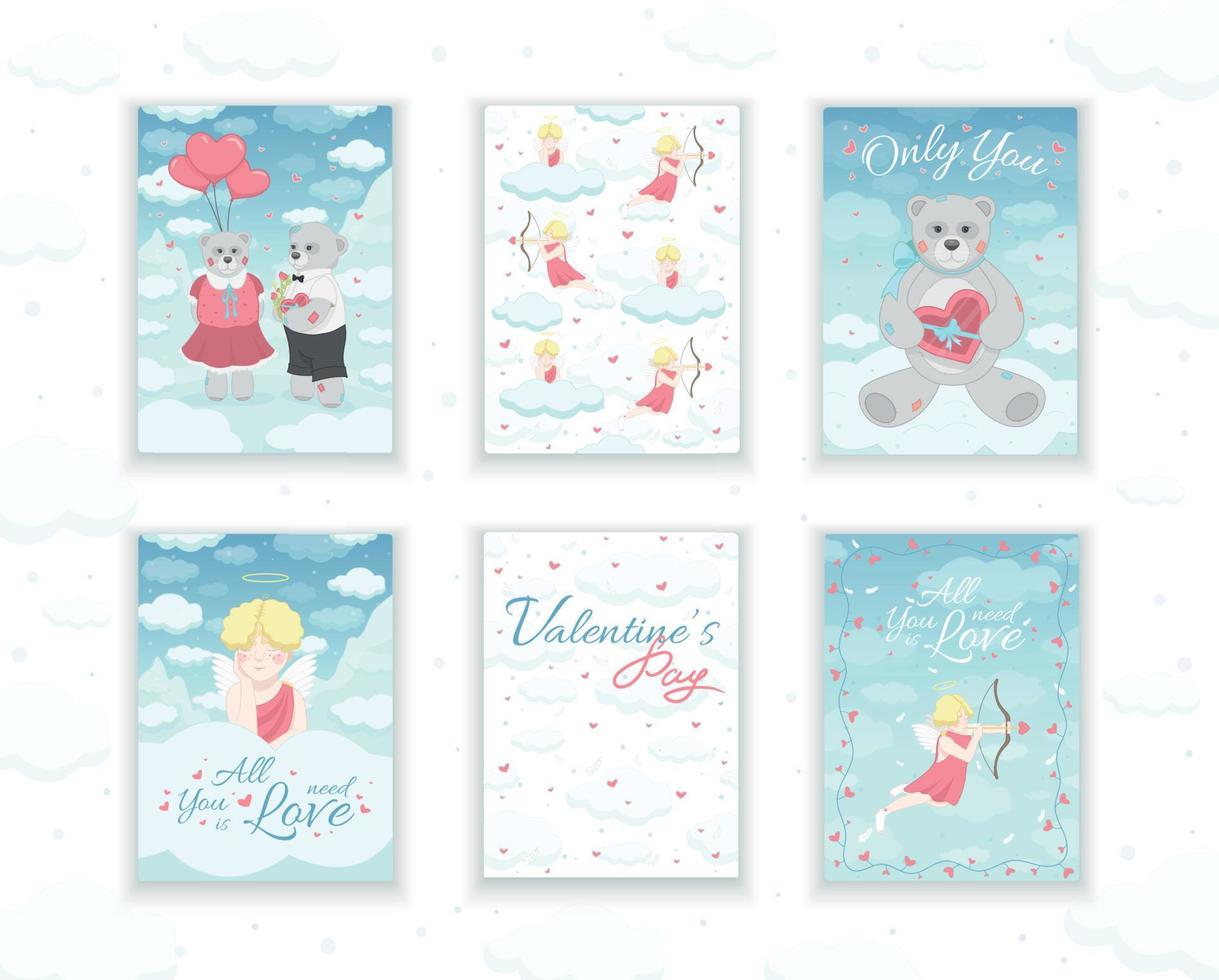 een reeks van kaarten voor Valentijnsdag dag. bears en cupido's vector