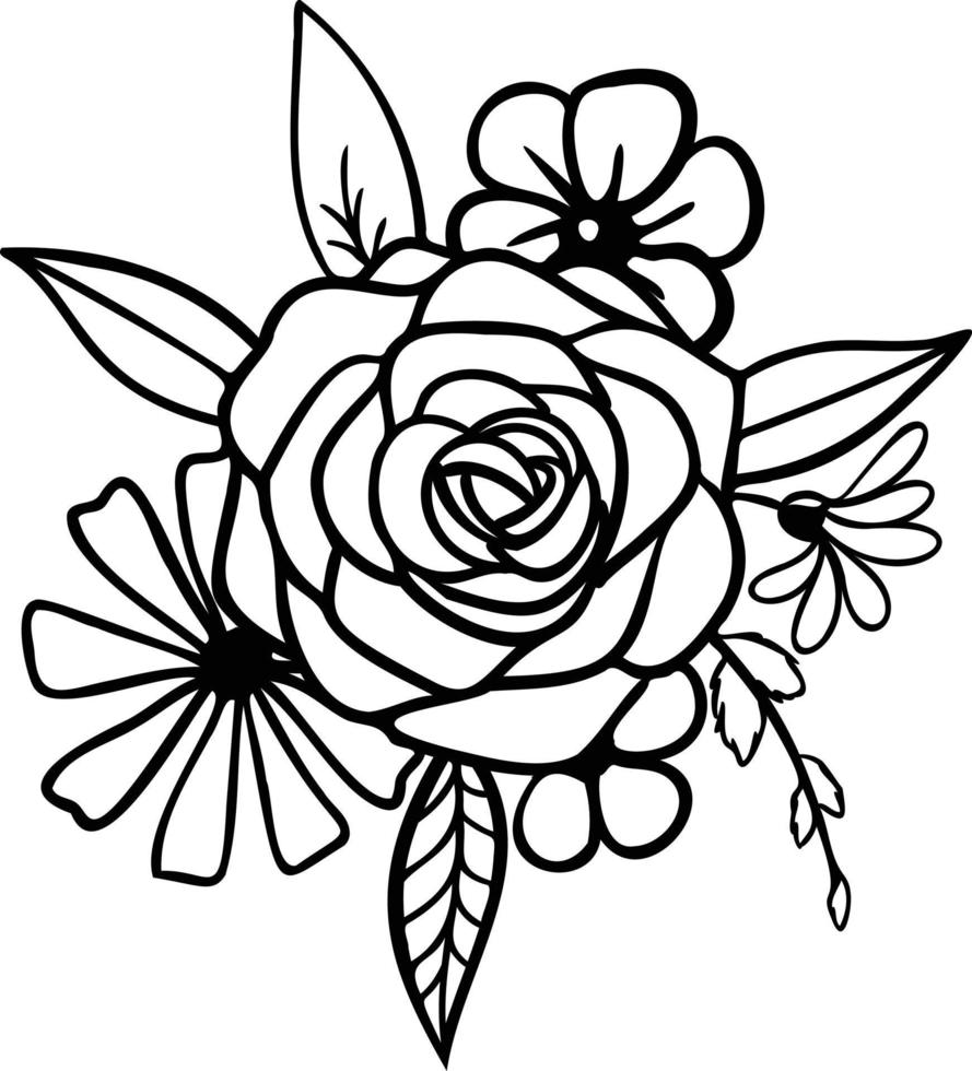 lineair boeket met roos bloemen en bladeren. vector