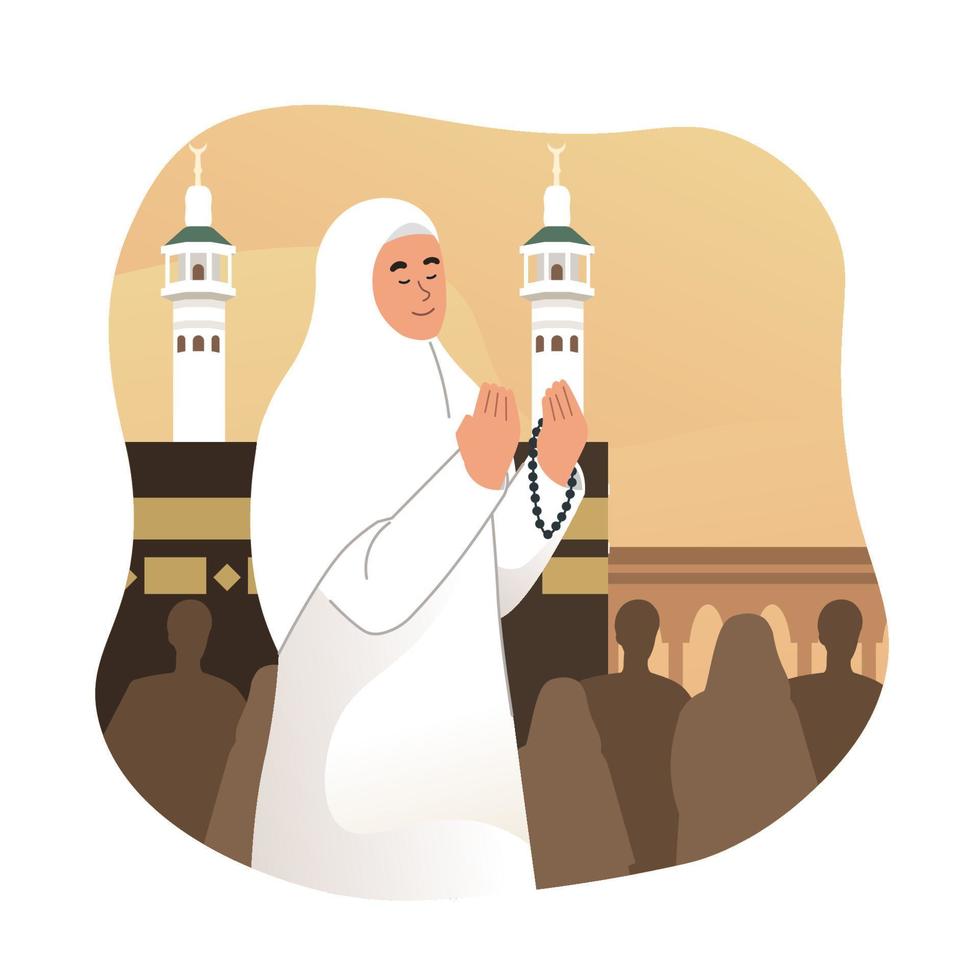 moslim vrouw bidden in voorkant van kaaba in mekka vector
