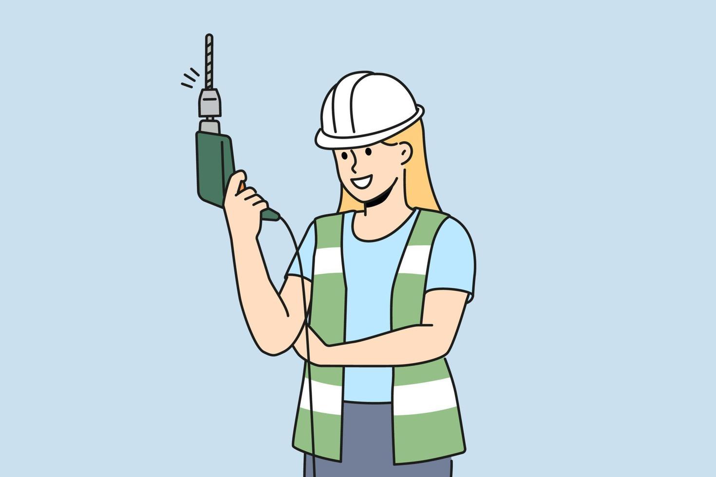 glimlachen vrouw in helm en uniform met elektrisch boren in handen. gelukkig vrouw monteur in beschermend uitrusting Holding instrument. vector illustratie.