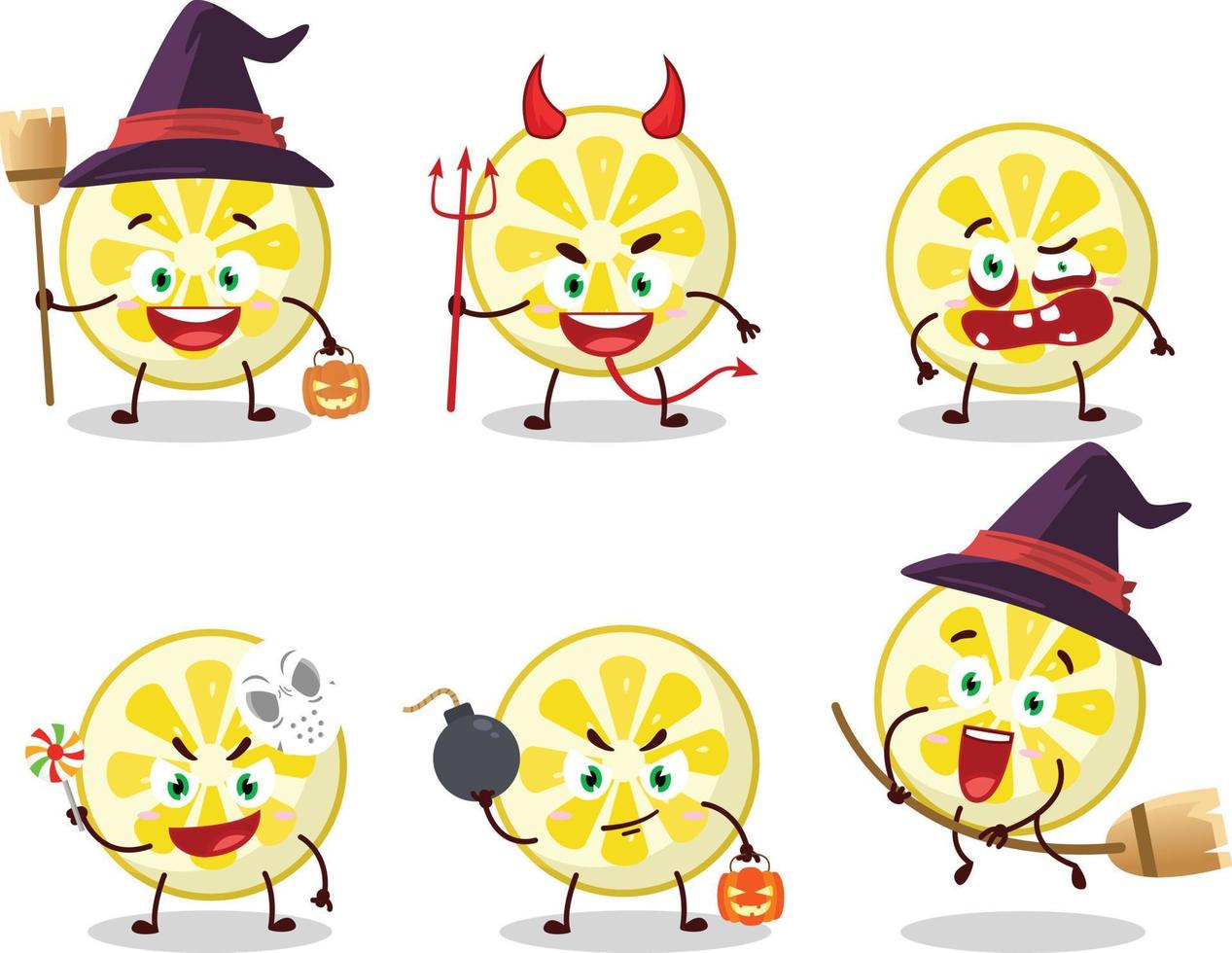 halloween uitdrukking emoticons met tekenfilm karakter van citroen plak vector