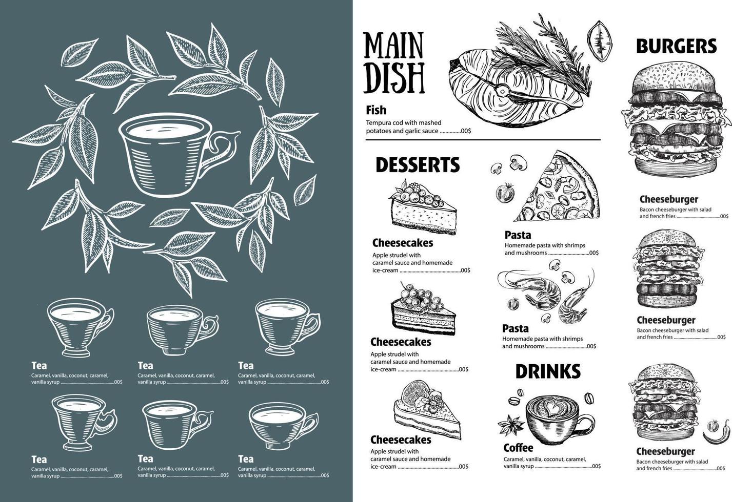 menu restaurant brochure. groen thee beker. folder met hand getekend grafisch. vector