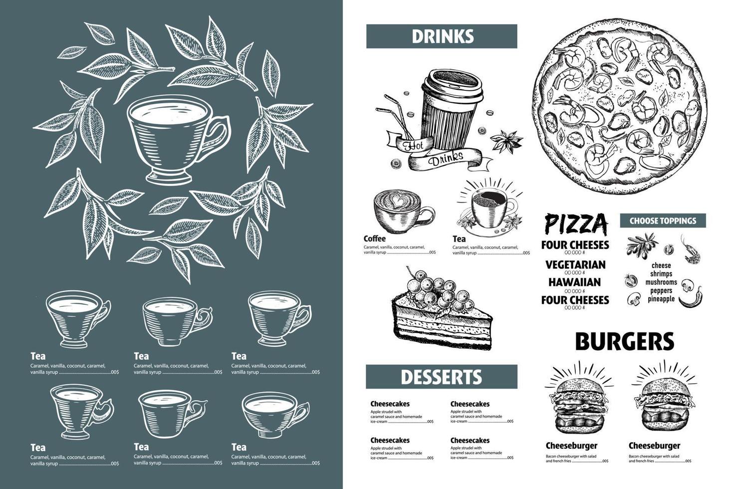 menu restaurant brochure. groen thee beker. folder met hand getekend grafisch. vector