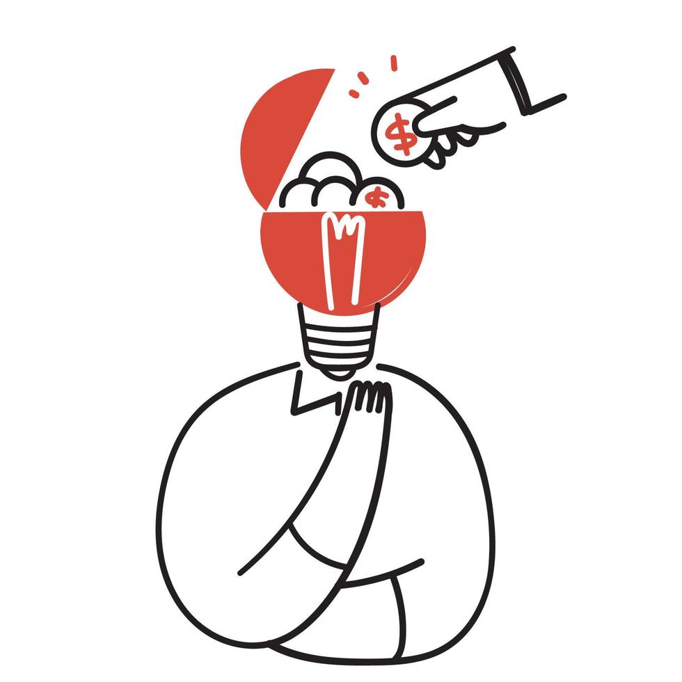 hand- getrokken tekening zetten munt Aan lamp symbool voor investeren idee illustratie vector