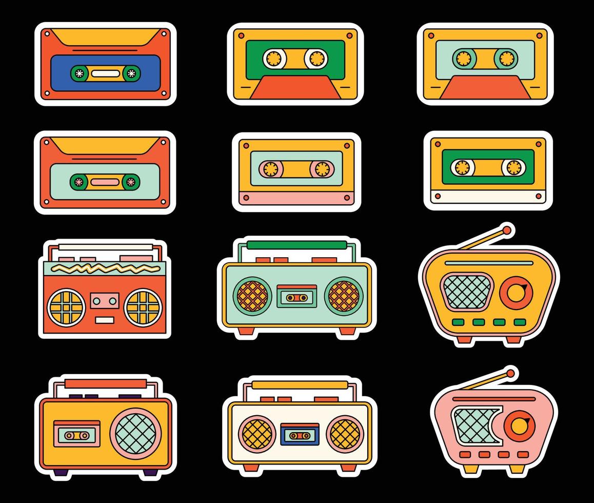 reeks van modieus hipster retro muziek- elementen. verzameling stickers van groovy opnieuw magnetron clip art. collage met neiging knal uitstraling met funky ontwerp element. achtergrond sticker embleem van tekenfilm vector