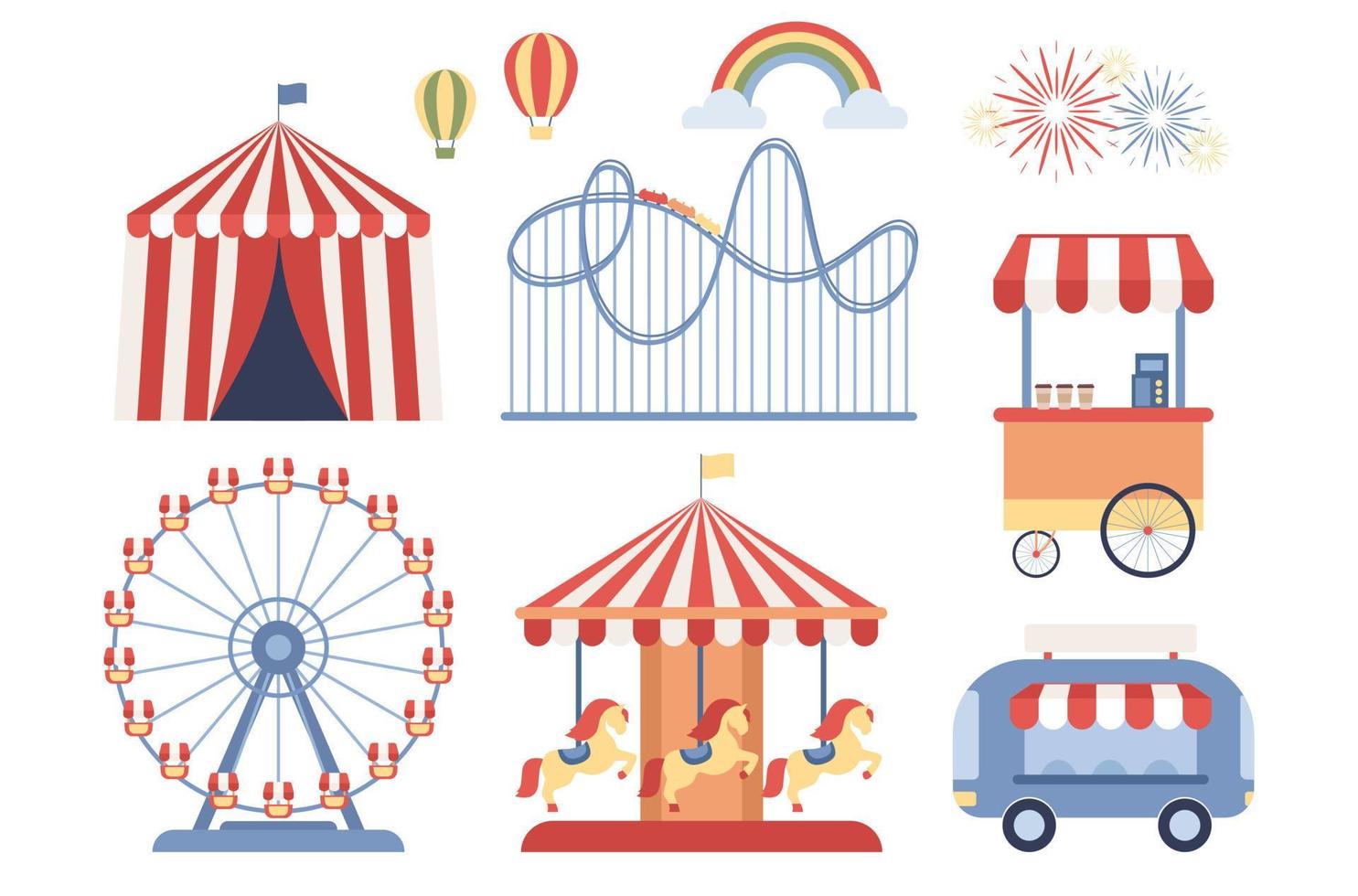 amusement park icoon set. rol achtbaan, carrousel paarden of draaimolen, circus tent, ferris wiel, kermis draaimolens, heet lucht ballonnen. vector vlak illustratie