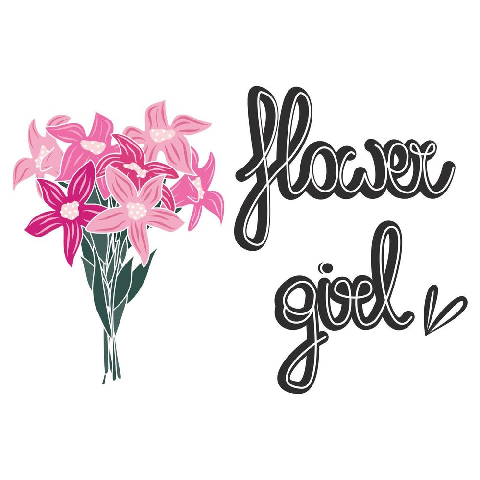 schattig hand- getrokken belettering bloem meisje citaat met kleurrijk bloemen boeket vector illustratie voor groet kaart