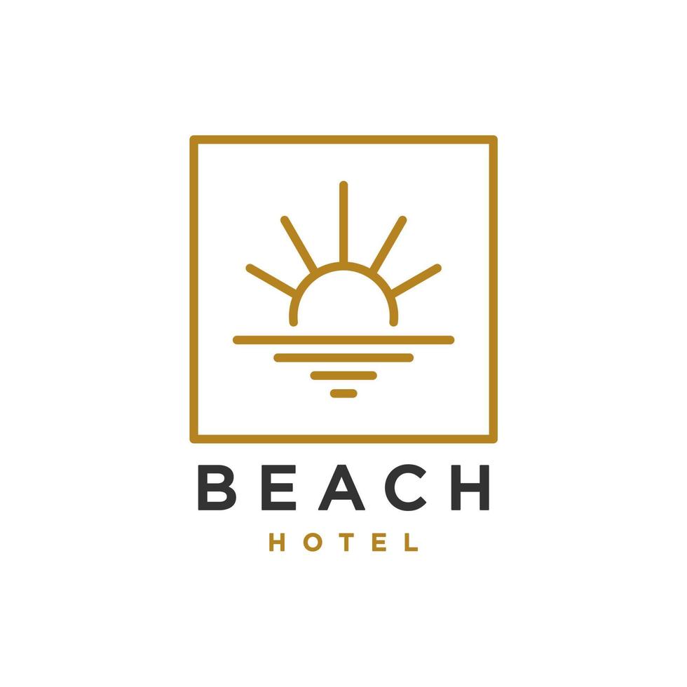 elegant hipster goud zon zonsondergang zonsopkomst met strand oceaan zee water logo icoon vector in modieus lijn lineair, schets logo vector voor hotel