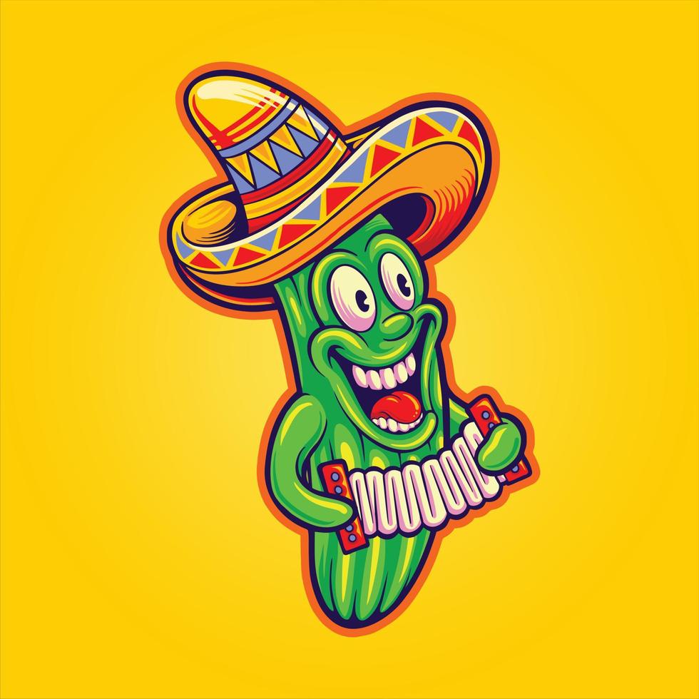 grappig Mexicaans cactus spelen accordeon sombrero hoed cinco de mayo logo illustraties vector