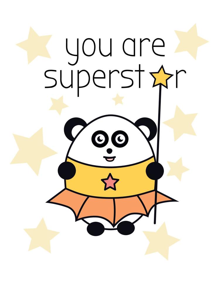 illustratie met een panda. groet kaart met een panda. panda in een pak. beer in kleren houdt een toverstok. panda houdt een toverstaf met een asterisk. u zijn een superster vector