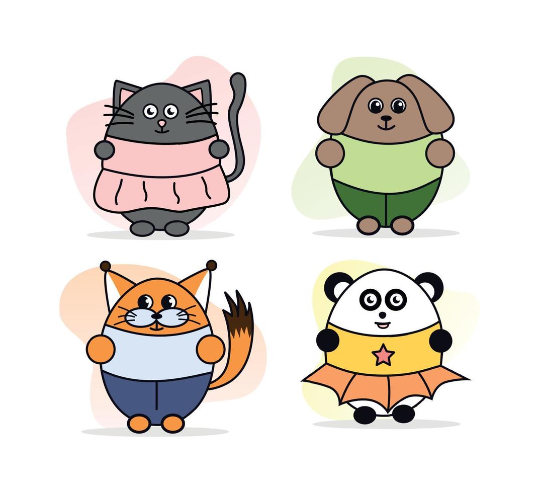 illustratie dieren. Aan de beeld is gepresenteerd kat, hond, eekhoorn, panda. dieren in kleren vector