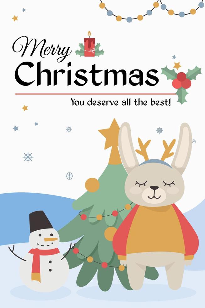 ansichtkaarten Aan nieuw jaar en kerstmis. een konijn staat in de buurt een Kerstmis boom en een sneeuwman. vector illustratie