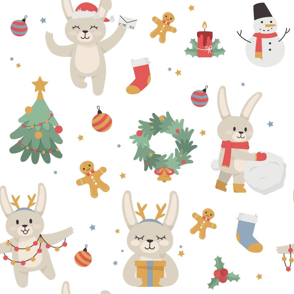 een naadloos patroon met schattig konijnen. nieuw jaar en Kerstmis patroon. vector illustratie
