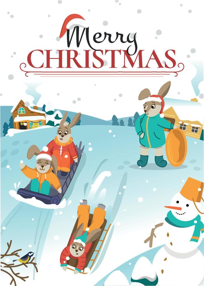 Kerstmis kaart. konijnen rijden Aan een sneeuw schuiven. vector illustratie