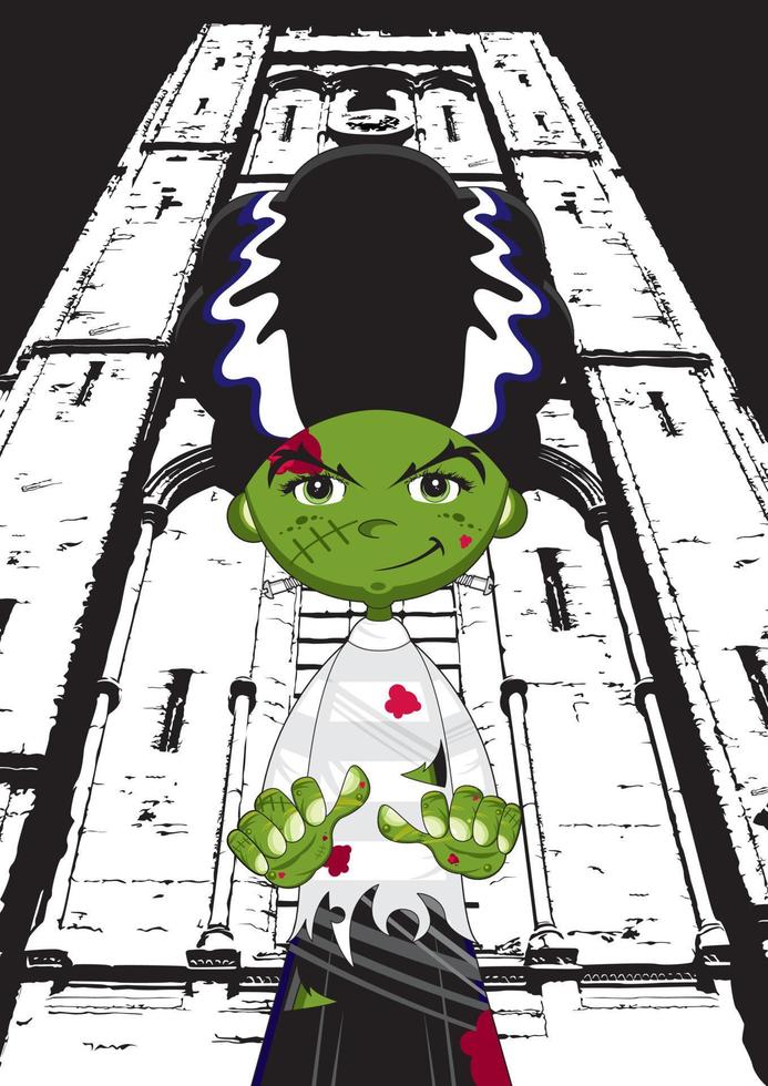 tekenfilm eng frankensteins bruid Bij gotisch kerk - spookachtig halloween monster illustratie vector